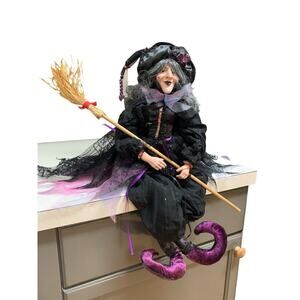 Halloween 31" Witch Doll Shelf Sitter Broomstick Spider Webs Whimsical EUC